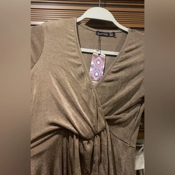 Boohoo gold metallic long-sleeve midi or maxi dress Sz 12 - Picture 4 of 6